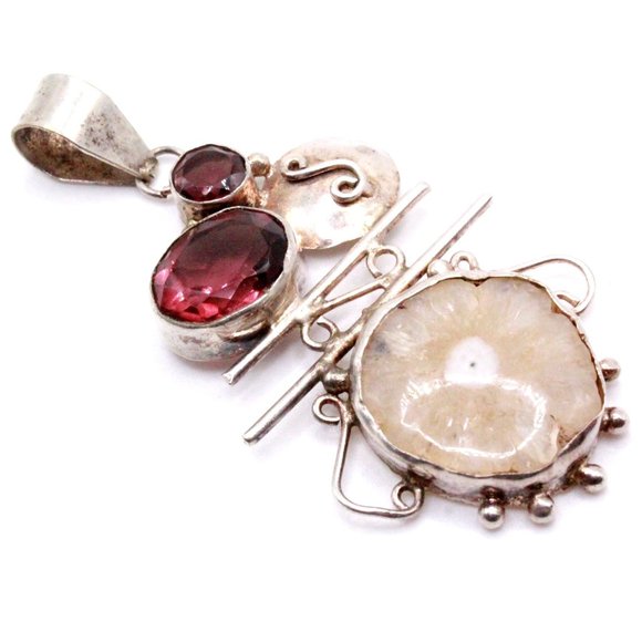 Sterling Silver 925 Purple Glass Sliced Quartz Modernist Pendant - Picture 1 of 10